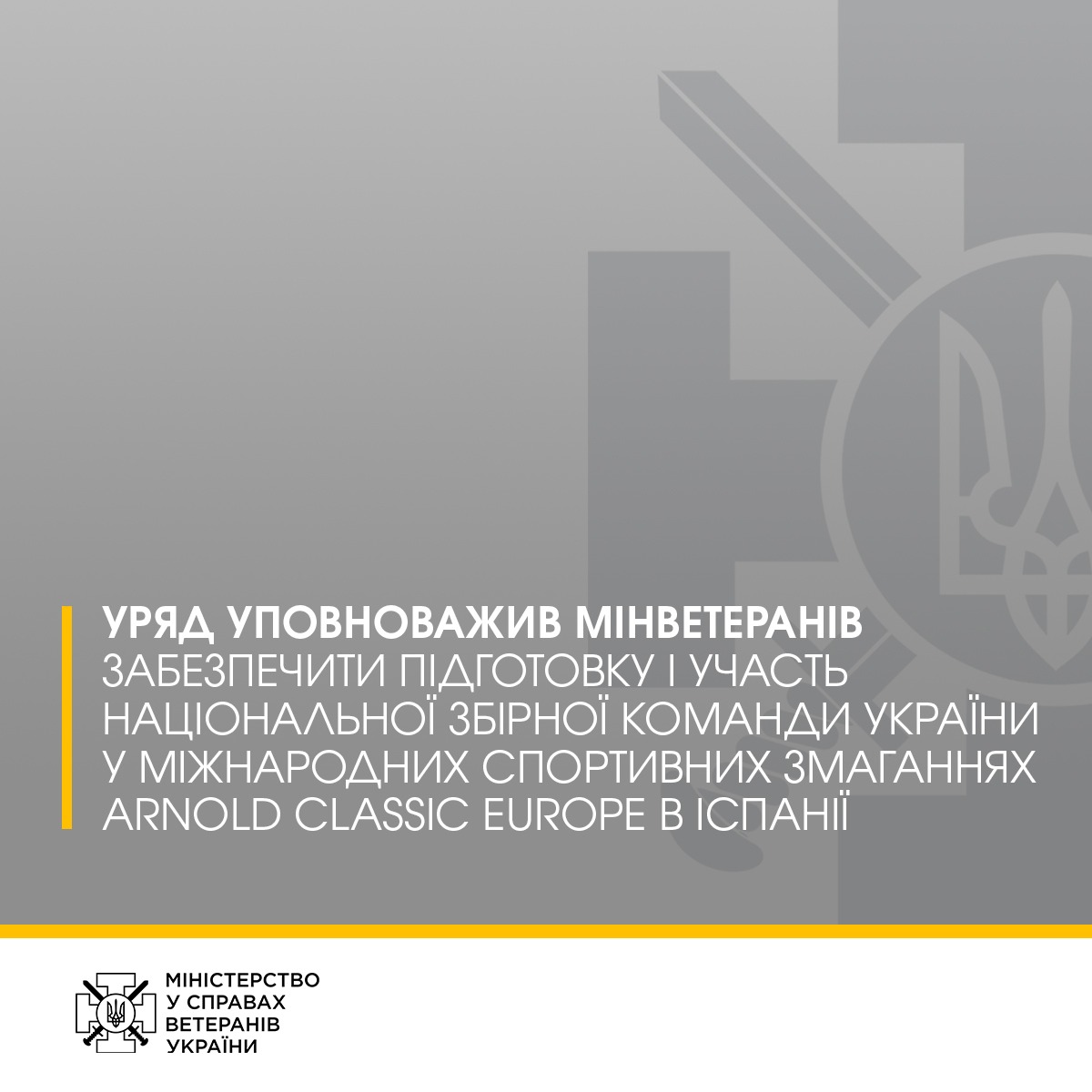 Уряд уповноважив Мінветеранів забезпечити підготовку і участь національної збірної команди України у міжнародних спортивних змаганнях Arnold Classic Europe в Іспанії. arnold classic europe, мінветеранів, ветеран, змагання, підготовка